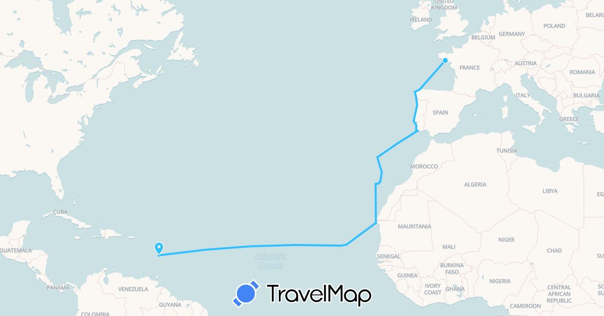 TravelMap itinerary: driving, boat in Cape Verde, Spain, France, Mauritania, Portugal (Africa, Europe)